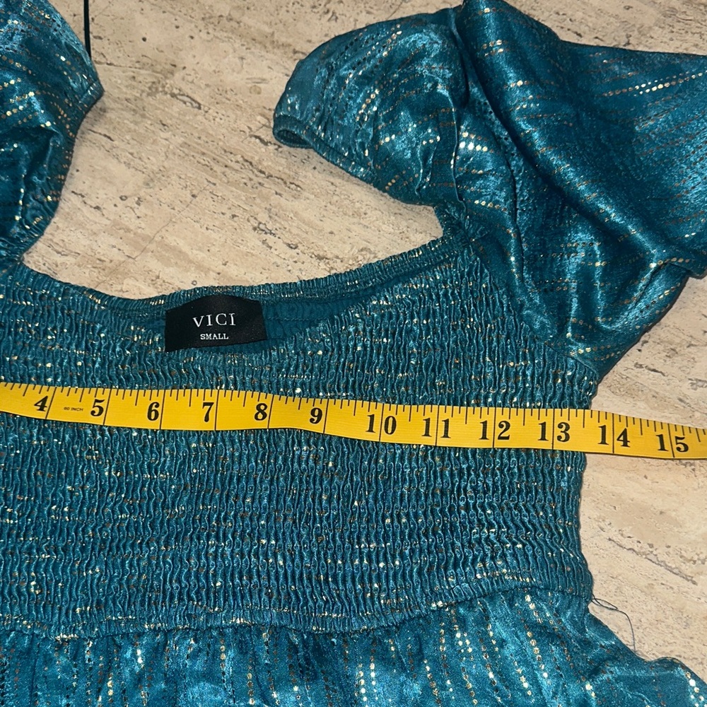VICI Shine On Metallic Turquoise Baby Doll Smocked Top Tiered Mini Dress Size S - Picture 12 of 14